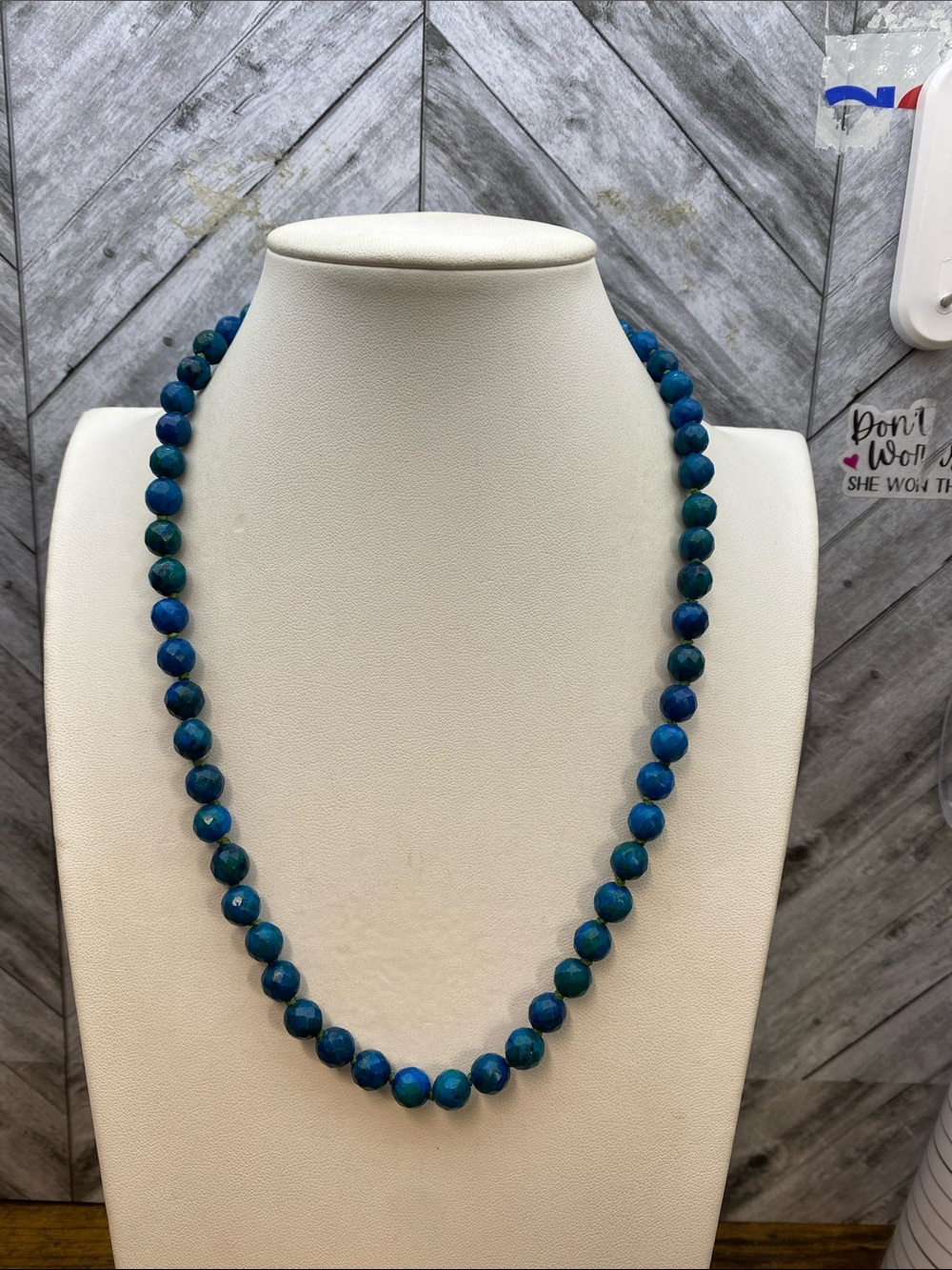 Blue Chrysocolla 20 inch handknotted Aprilsplace necklace gold and